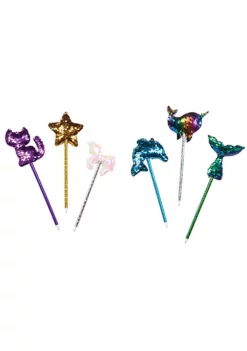 ToyPlaya Sequin Pens; unicorn, dolphin, narwhal, star, kitty, and mermaid tail (6x pcs)